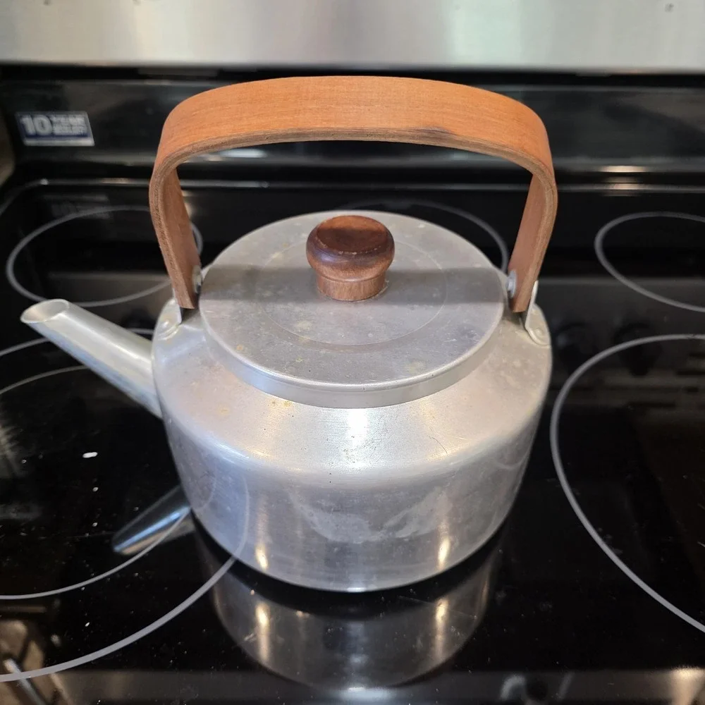 Vintage Aluminum Tea Pot Kettle Teak Wood Handle Copco Camping
